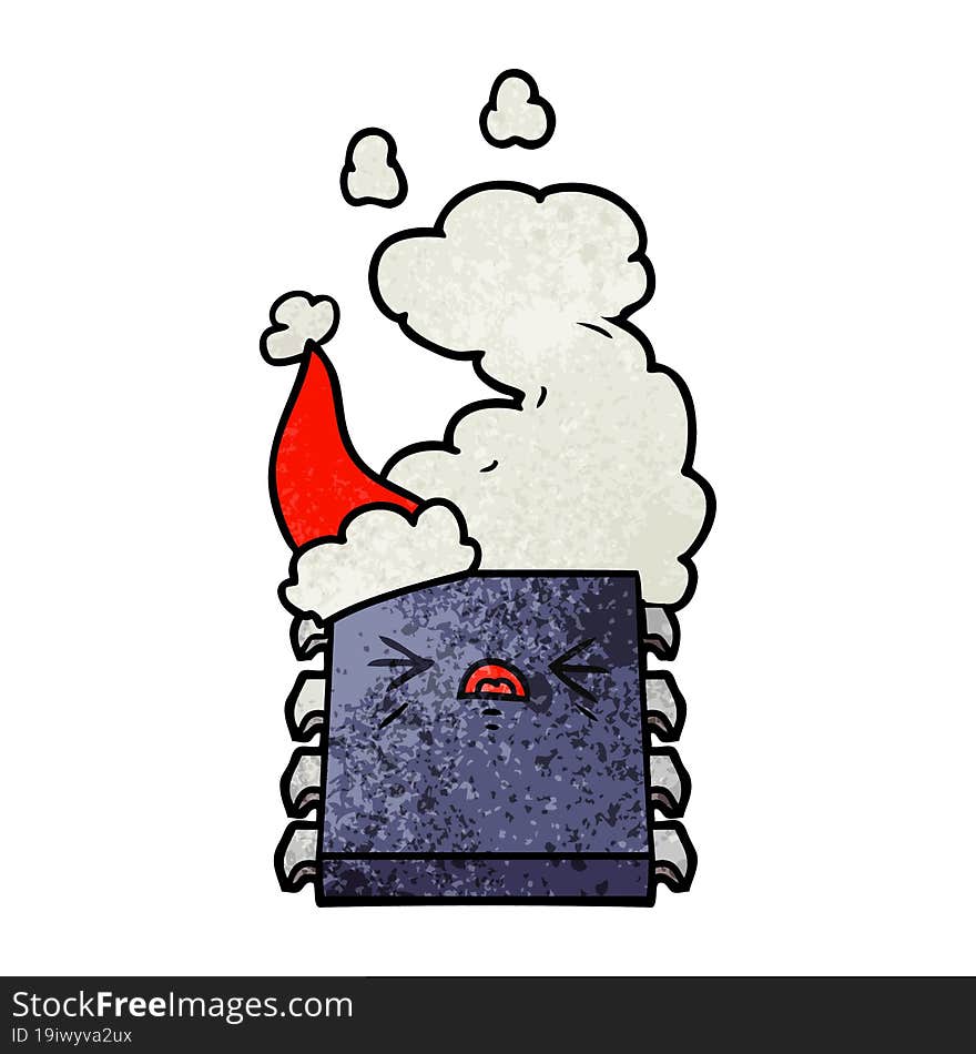 textured cartoon of a overheating computer chip wearing santa hat