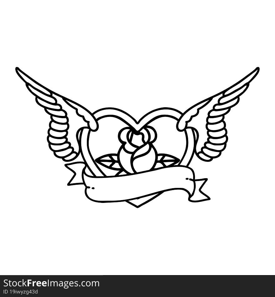 black line tattoo of a flying heart with flowers and banner