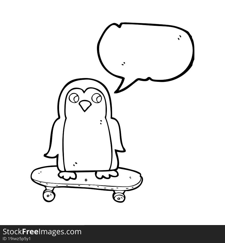 speech bubble cartoon penguin riding skateboard