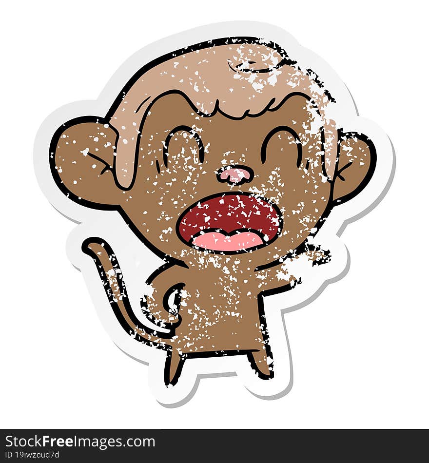 distressed sticker of a shouting cartoon monkey pointing