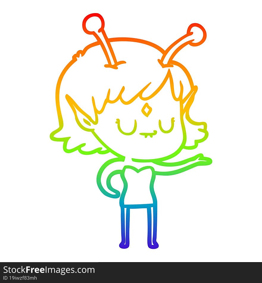 rainbow gradient line drawing of a cartoon alien girl