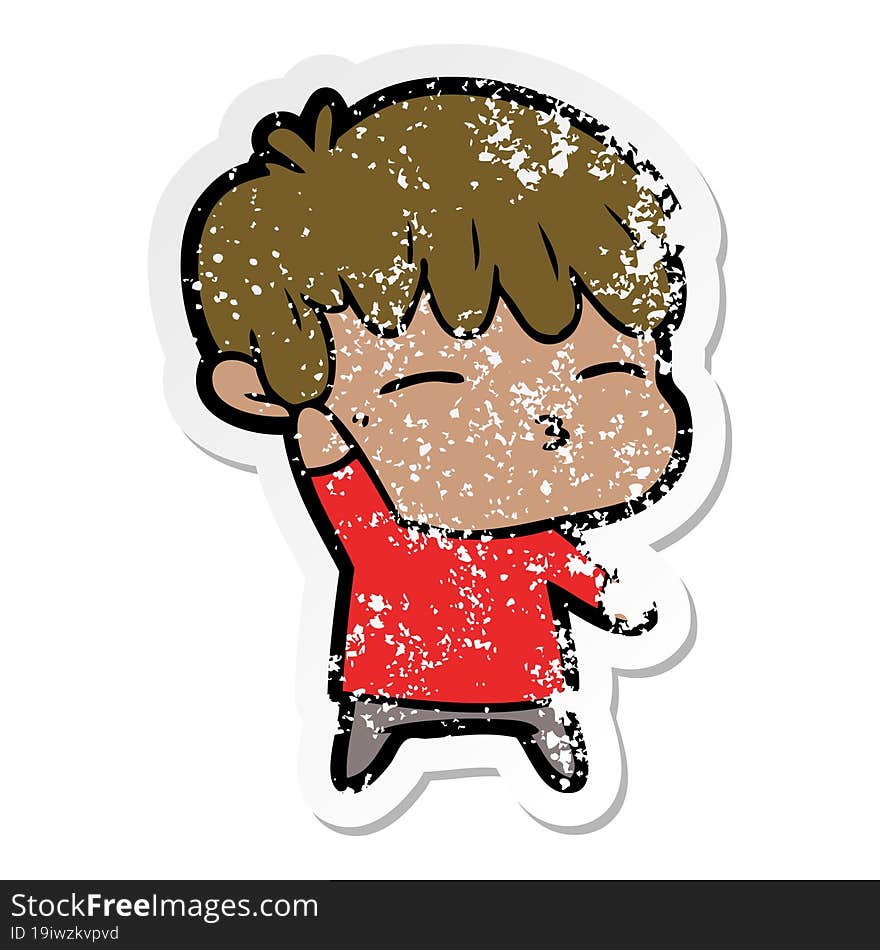 distressed sticker of a cartoon curious boy