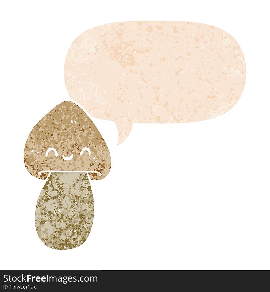 Cartoon Mushroom And Speech Bubble In Retro Textured Style