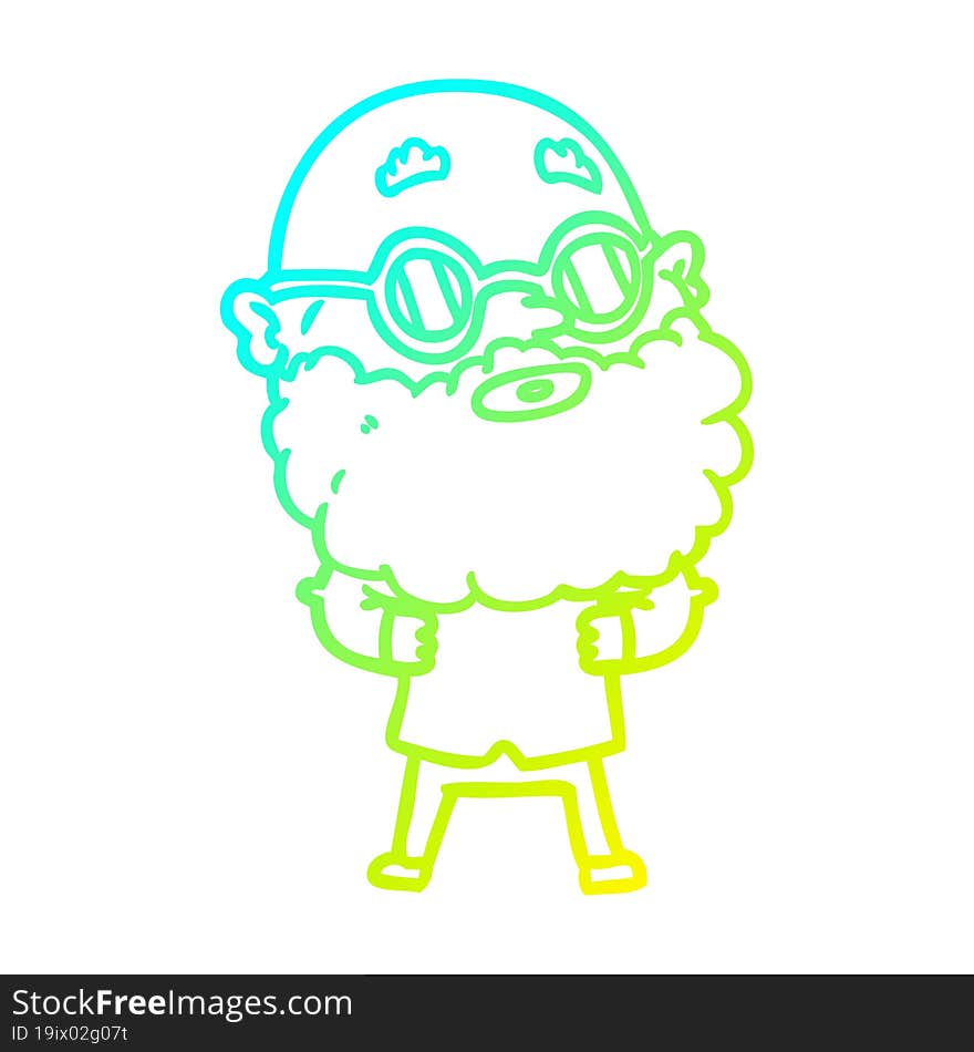 cold gradient line drawing cartoon curious man with beard and glasses