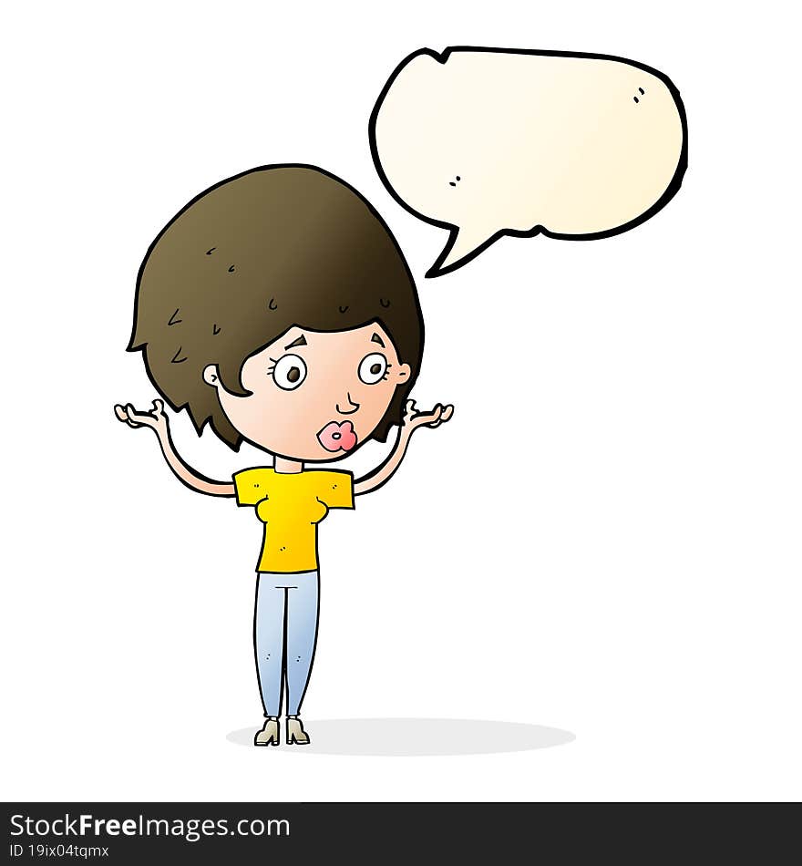 cartoon woman raising hands in air with speech bubble