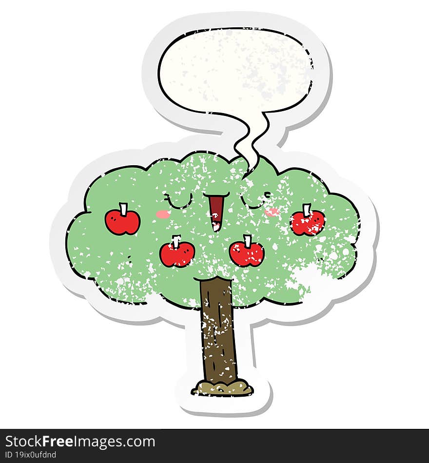 cartoon apple tree with speech bubble distressed distressed old sticker. cartoon apple tree with speech bubble distressed distressed old sticker