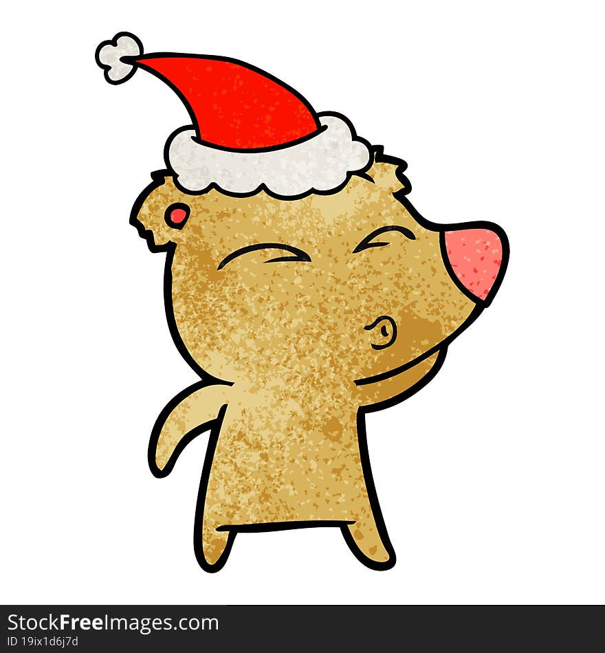 textured cartoon of a whistling bear wearing santa hat