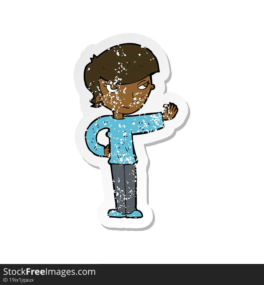 retro distressed sticker of a cartoon woman waving