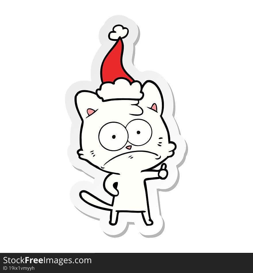 sticker cartoon of a nervous cat wearing santa hat