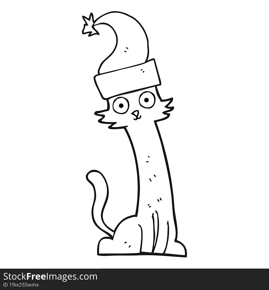 freehand drawn black and white cartoon cat in christmas hat