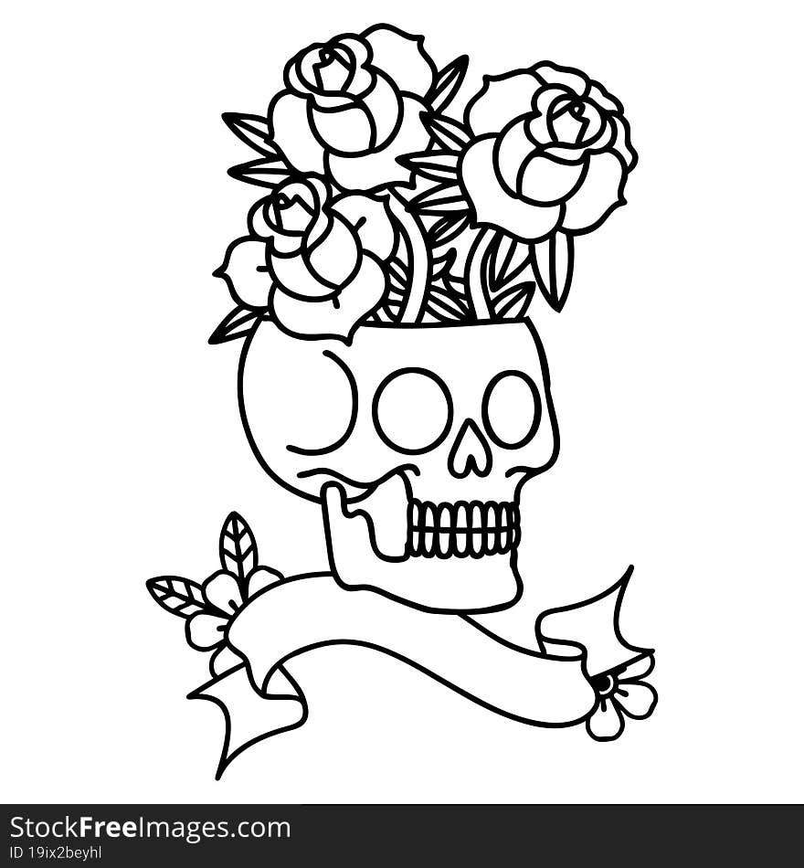 black linework tattoo with banner of a skull and roses