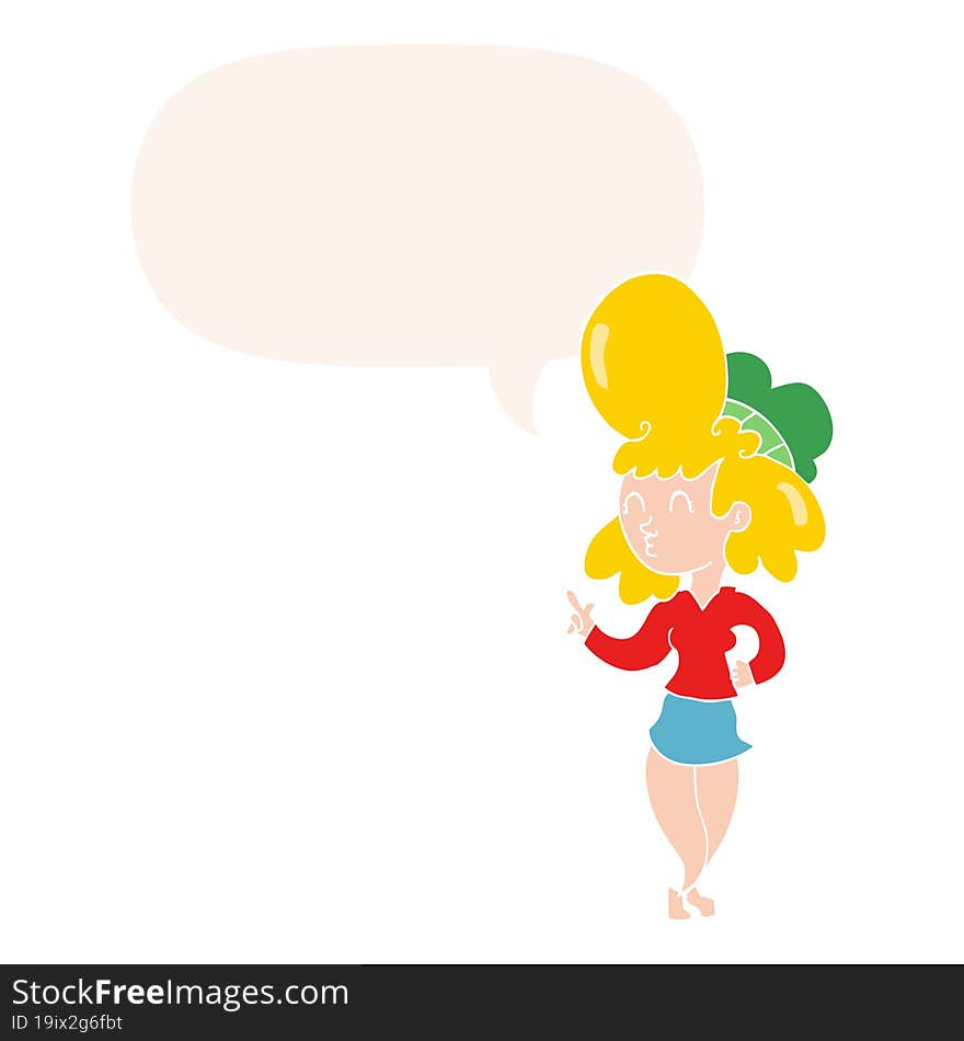 Cartoon Woman And Big Hair And Speech Bubble In Retro Style