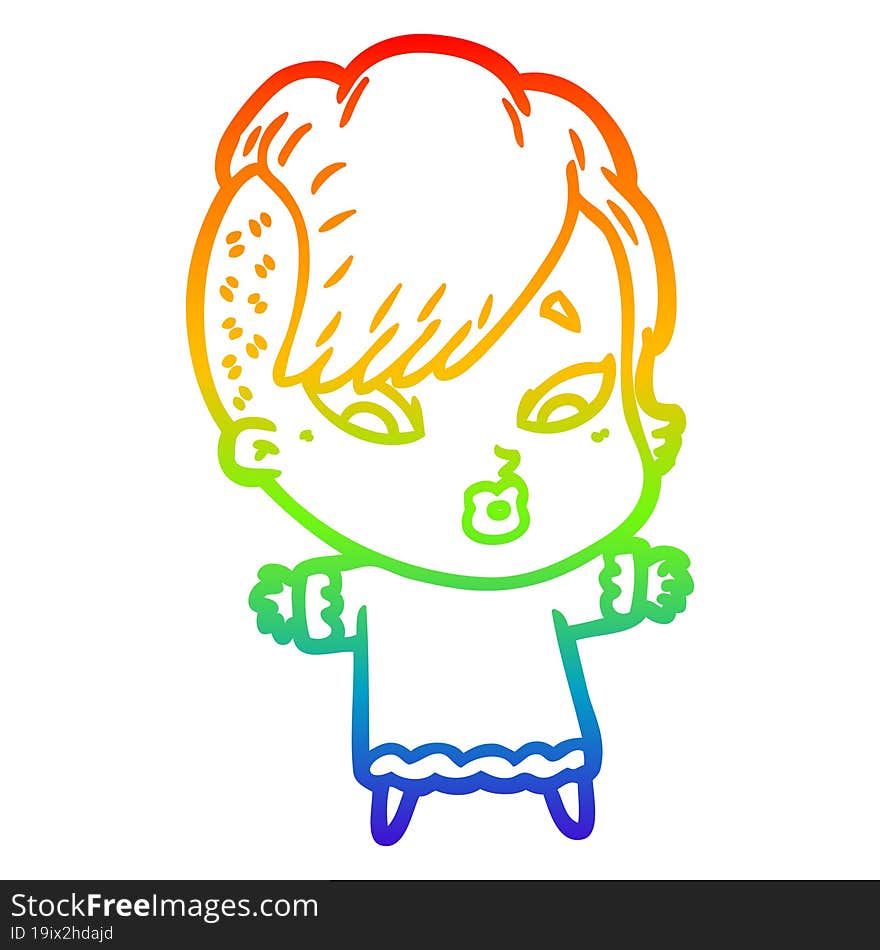 Rainbow Gradient Line Drawing Cartoon Surprised Girl