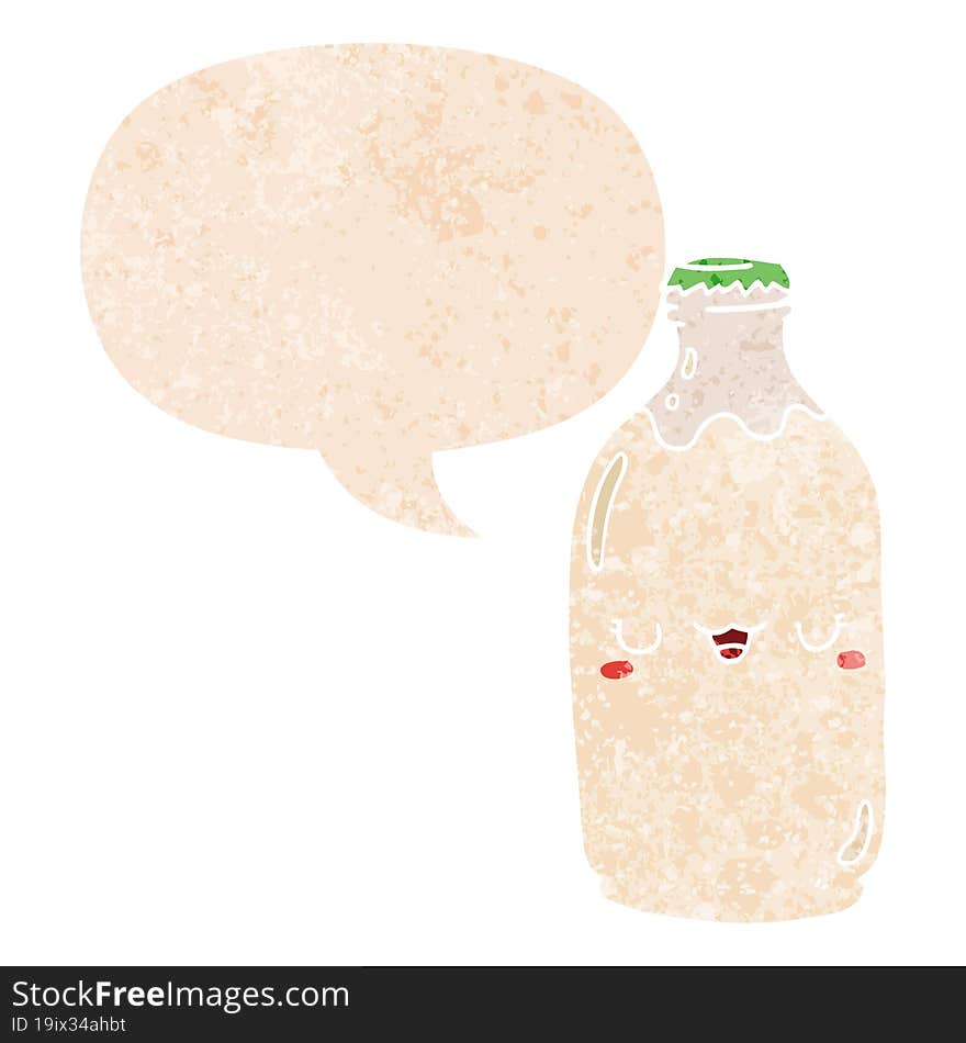 cute cartoon milk bottle and speech bubble in retro textured style