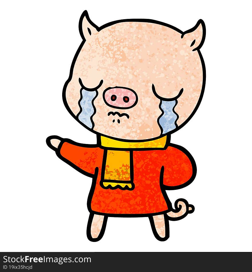 cartoon crying pig wearing scarf. cartoon crying pig wearing scarf