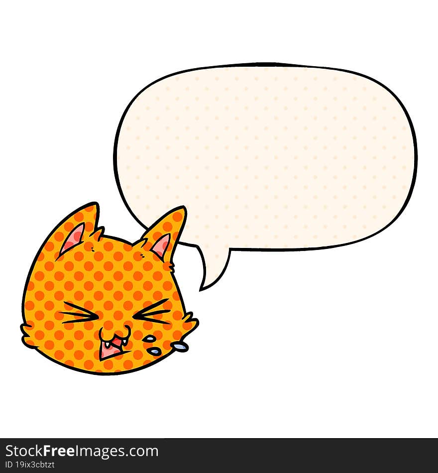 spitting cartoon cat face and speech bubble in comic book style