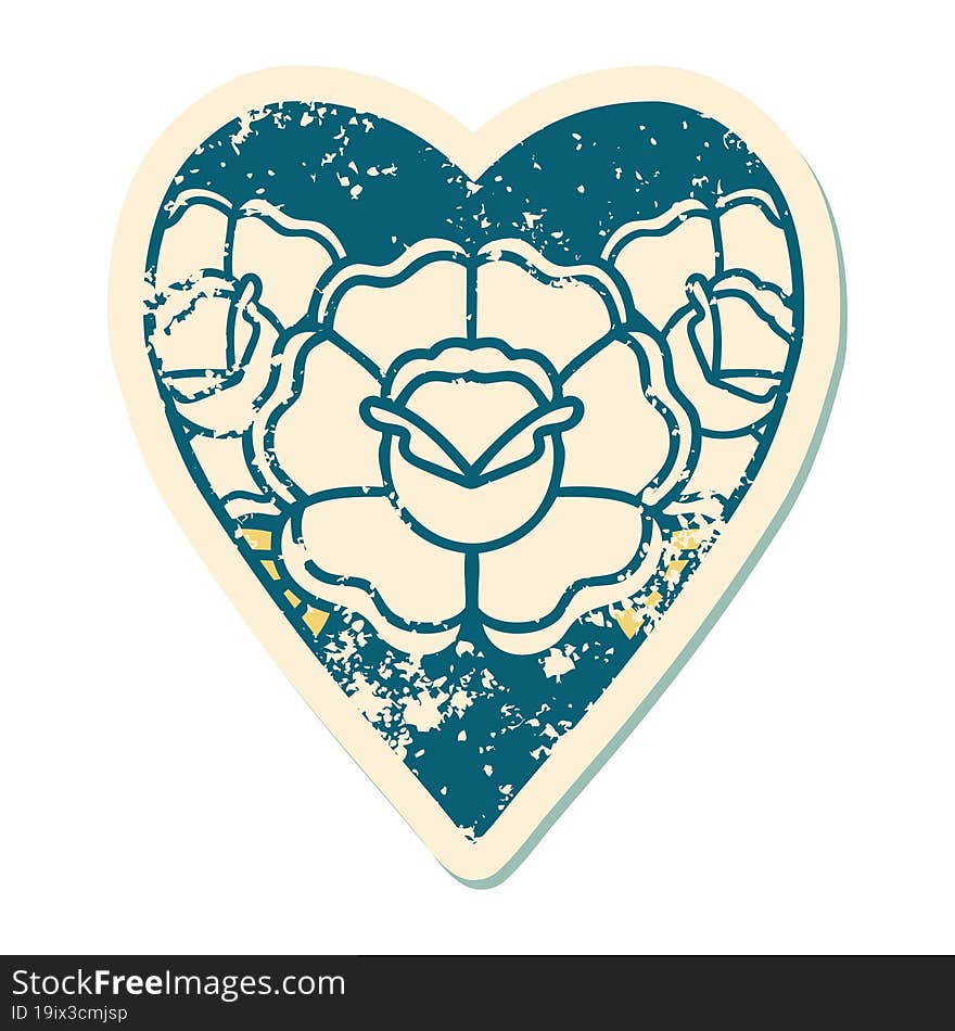 iconic distressed sticker tattoo style image of a heart and flowers. iconic distressed sticker tattoo style image of a heart and flowers