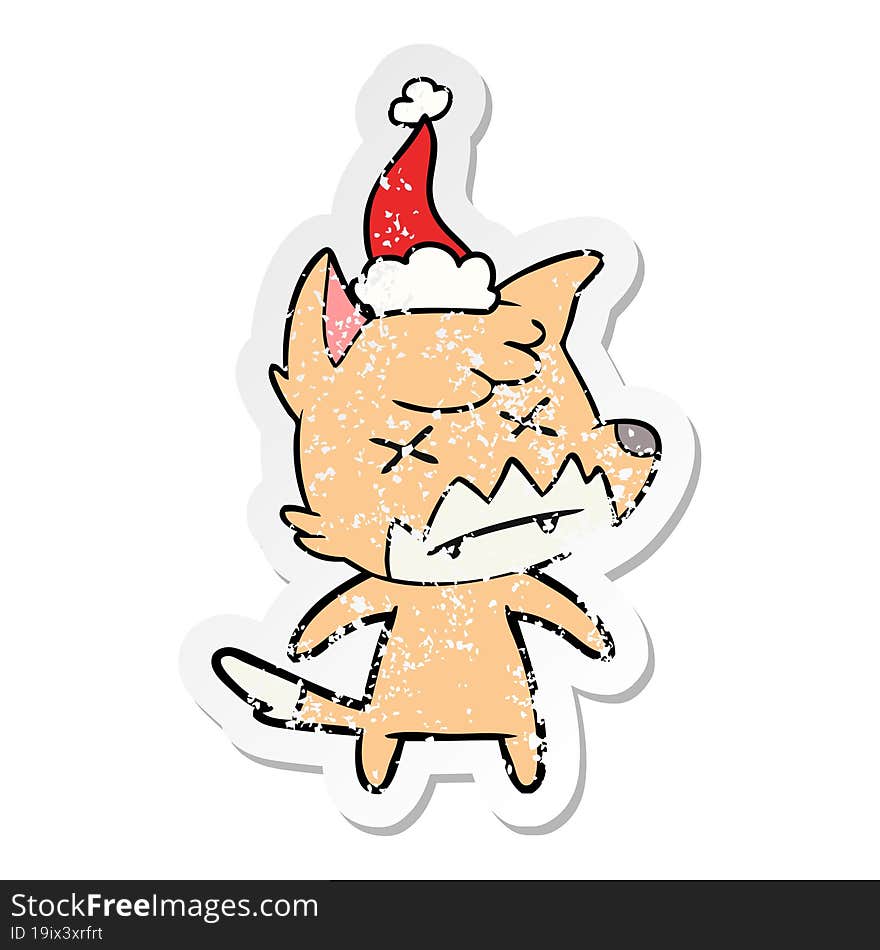 distressed sticker cartoon of a dead fox wearing santa hat