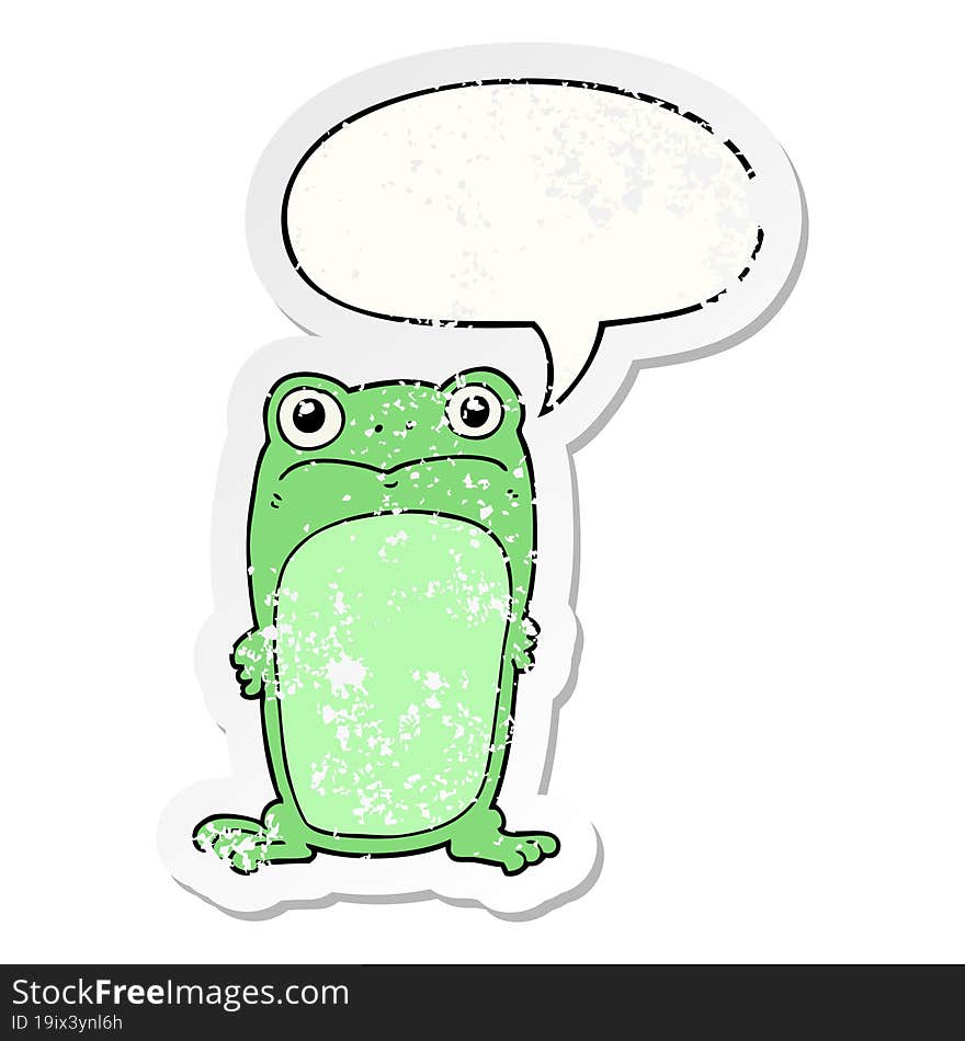 cartoon staring frog with speech bubble distressed distressed old sticker. cartoon staring frog with speech bubble distressed distressed old sticker