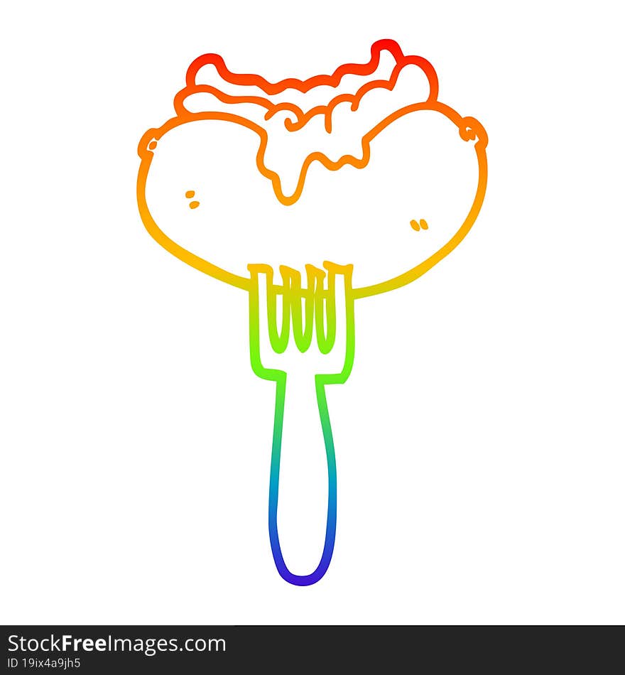 rainbow gradient line drawing of a cartoon hotdog with mustard and ketchup on fork