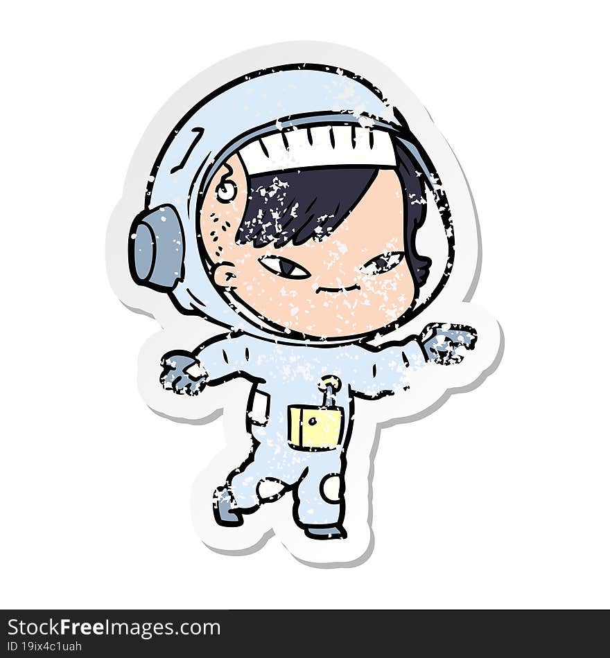 distressed sticker of a cartoon astronaut woman