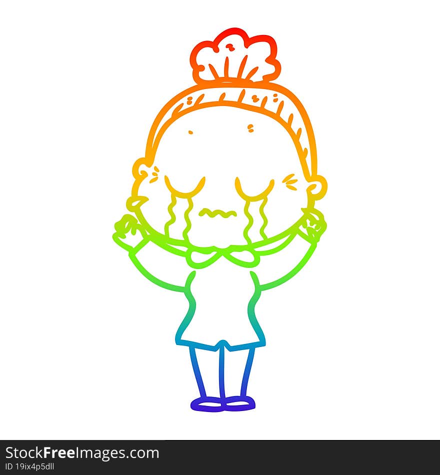 rainbow gradient line drawing cartoon crying old lady