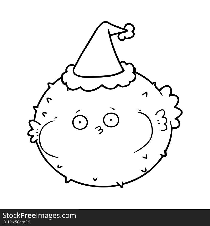 line drawing of a puffer fish wearing santa hat