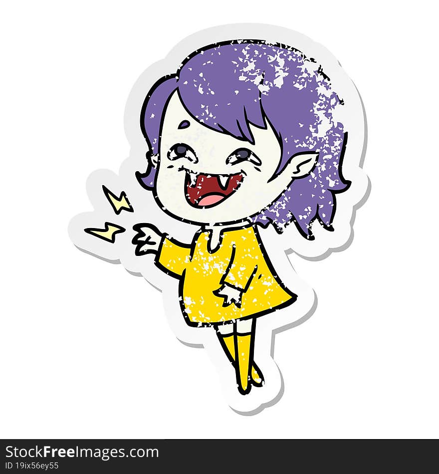 distressed sticker of a cartoon laughing vampire girl