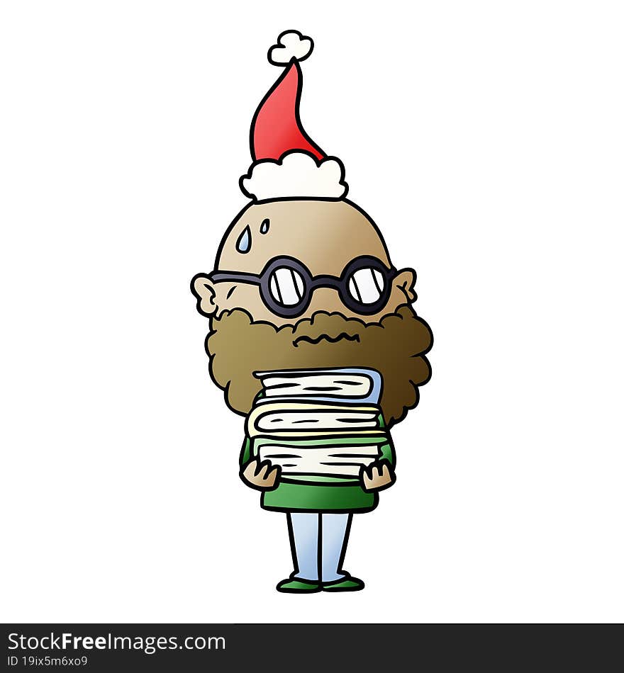 Gradient Cartoon Of A Worried Man With Beard And Stack Of Books Wearing Santa Hat