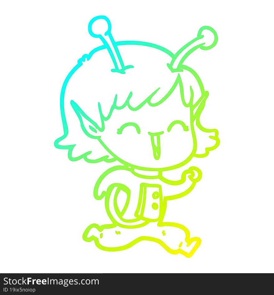 cold gradient line drawing of a cartoon alien girl laughing