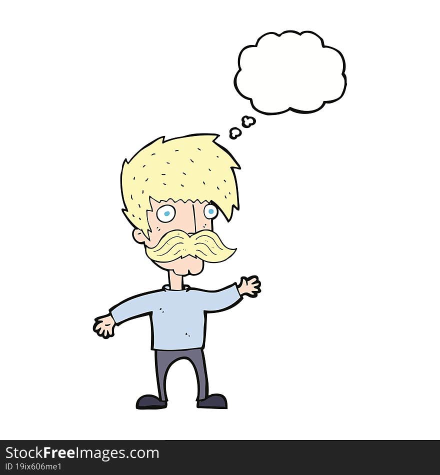 cartoon man with mustache waving with thought bubble