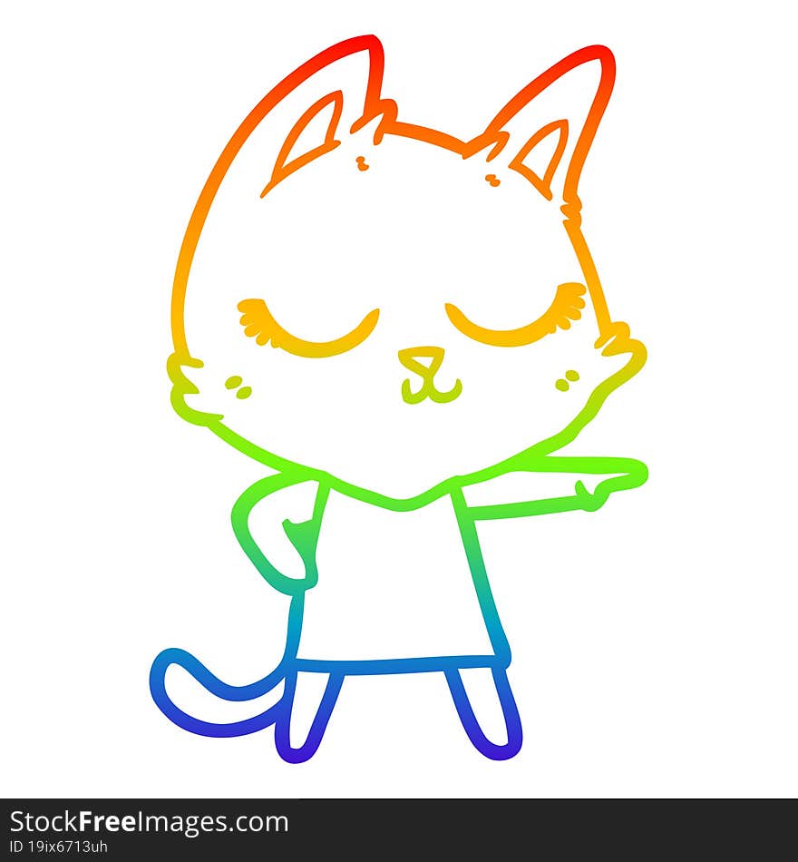 rainbow gradient line drawing of a calm cartoon cat girl pointing