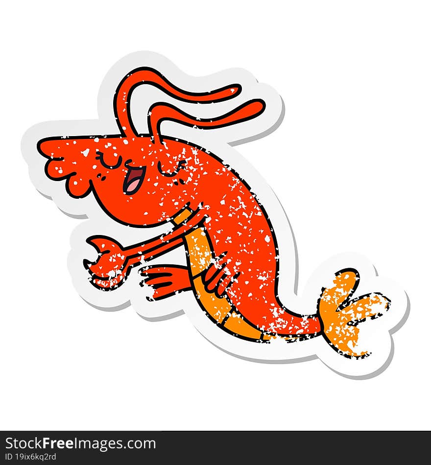 distressed sticker of a quirky hand drawn cartoon happy shrimp