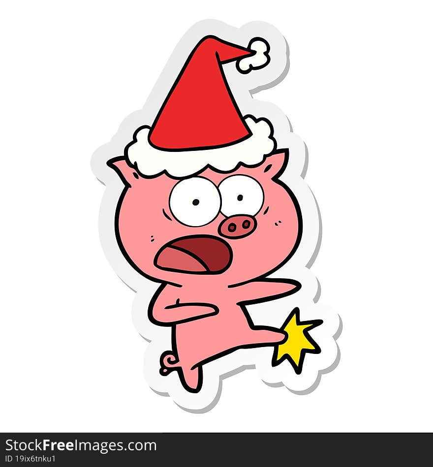 sticker cartoon of a pig shouting and kicking wearing santa hat