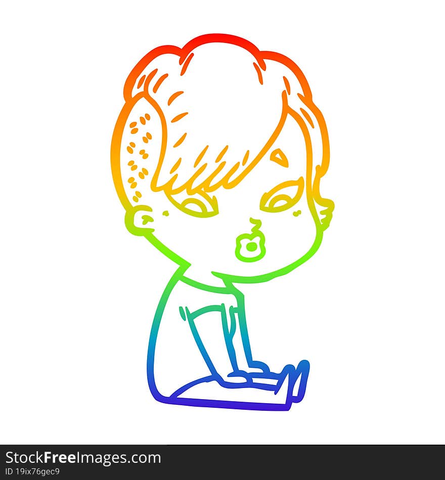 Rainbow Gradient Line Drawing Cartoon Surprised Girl