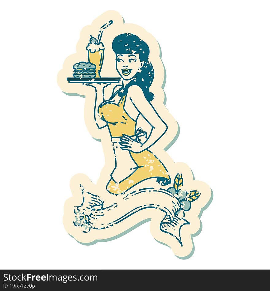 distressed sticker tattoo style icon of a pinup waitress girl with banner