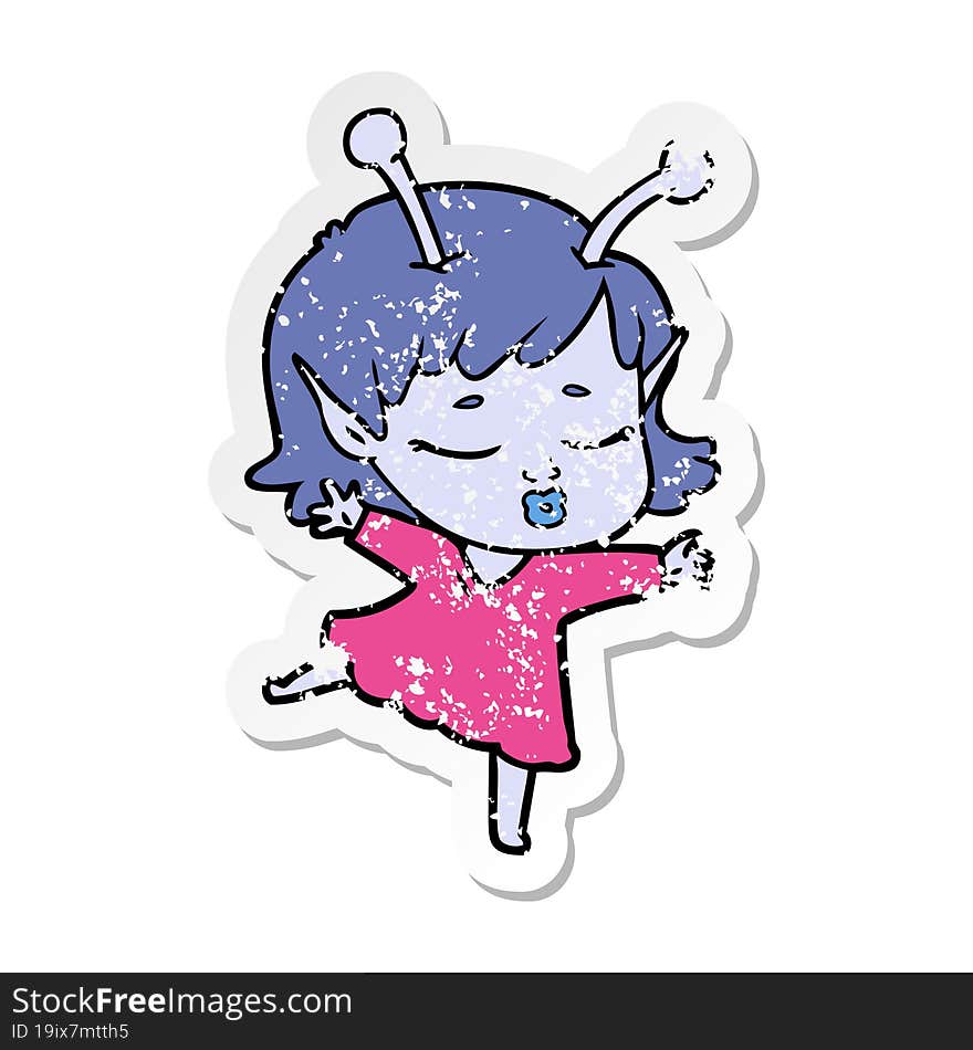 Distressed Sticker Of A Cute Alien Girl Cartoon