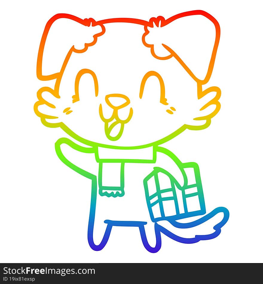 rainbow gradient line drawing of a laughing cartoon dog with christmas present