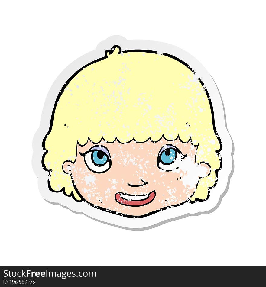 retro distressed sticker of a cartoon happy female face