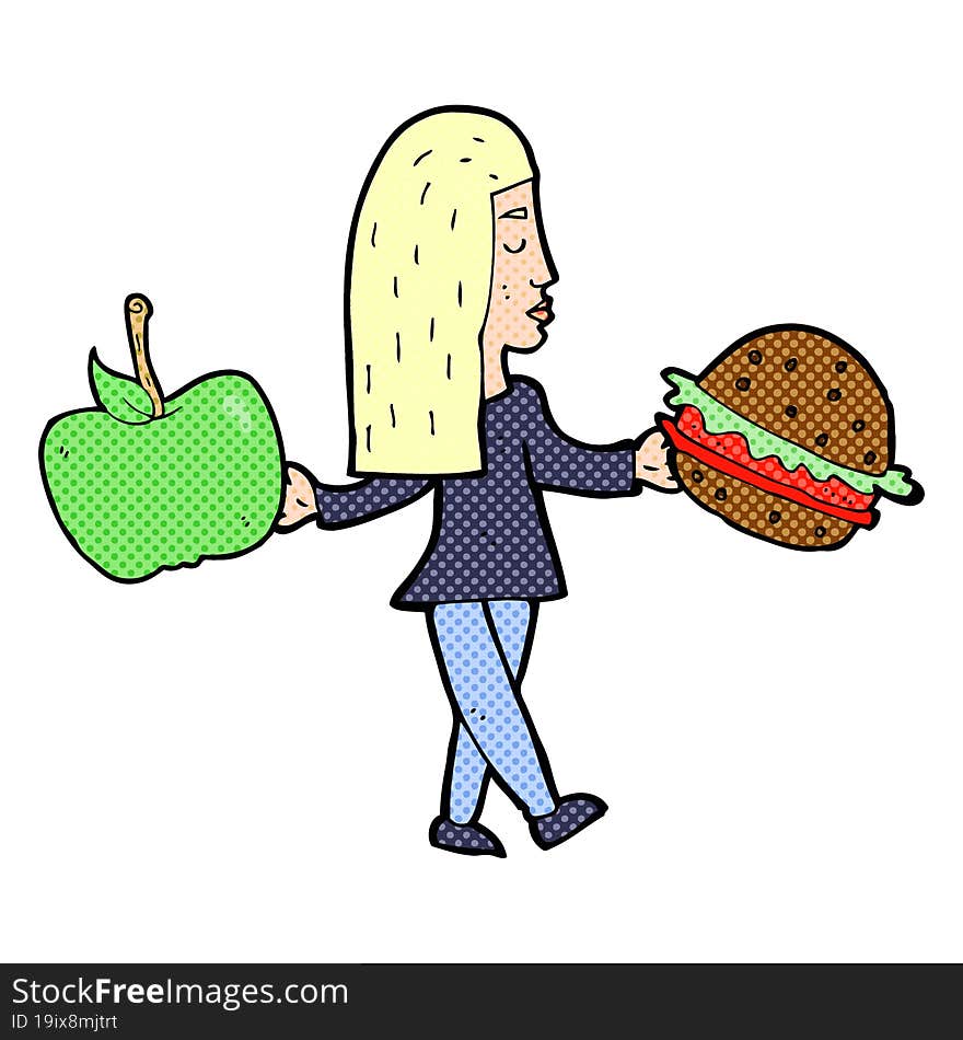 cartoon woman deciding to eat healthy