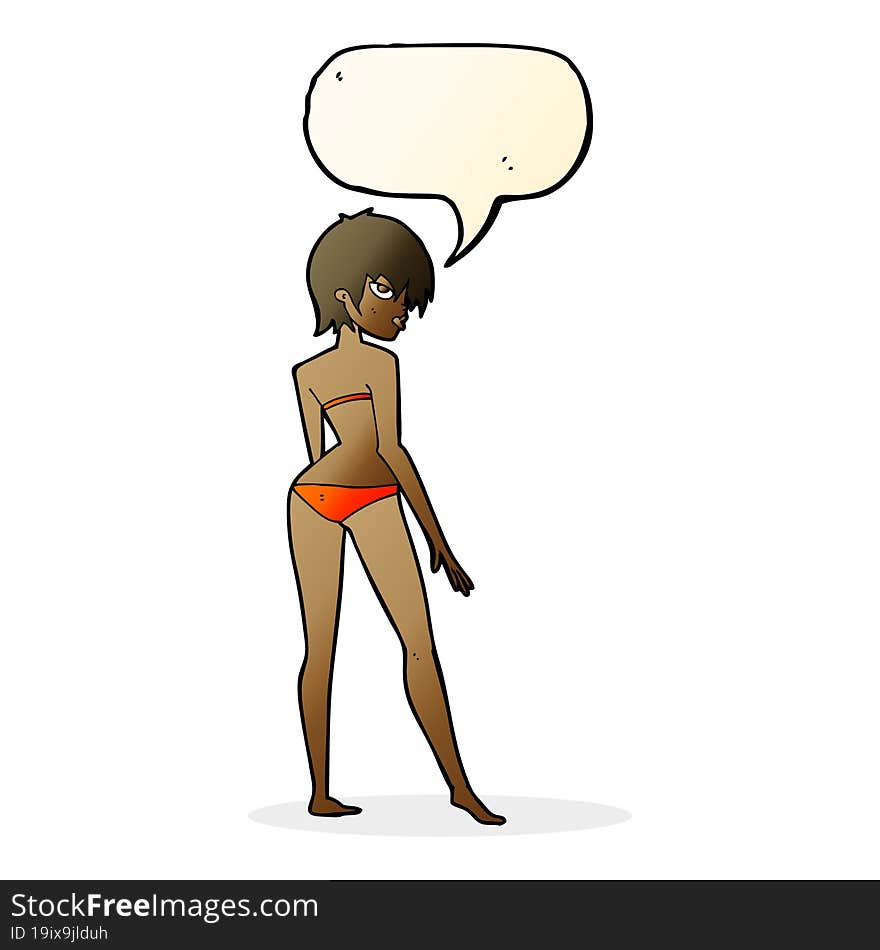 cartoon woman in bikini with speech bubble