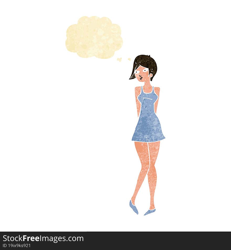 cartoon pretty woman in dress with thought bubble