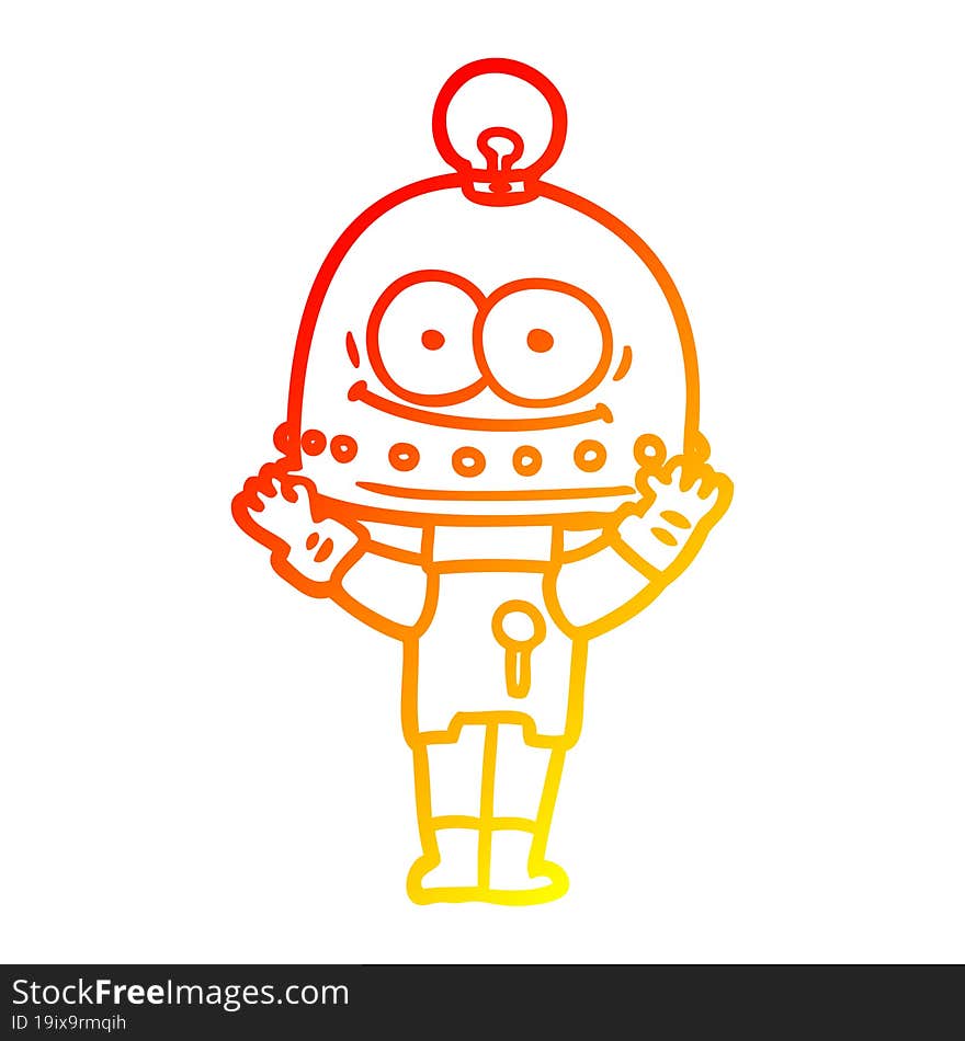 warm gradient line drawing happy carton robot with light bulb