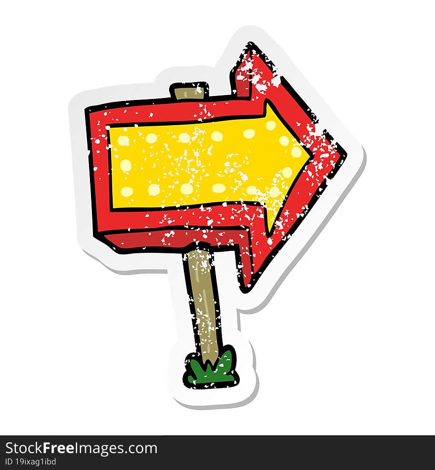 distressed sticker of a cartoon pointing arrow sign