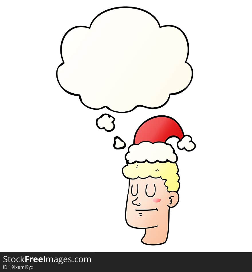 cartoon man wearing christmas hat and thought bubble in smooth gradient style