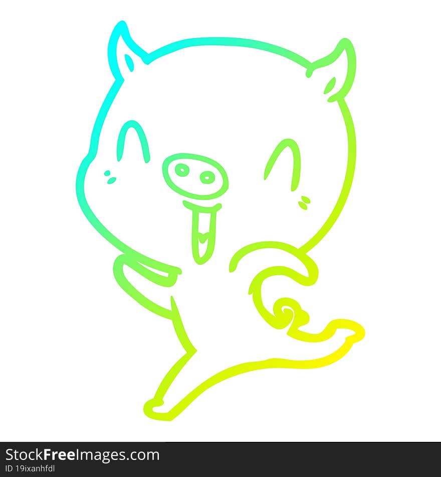 cold gradient line drawing of a happy cartoon pig running