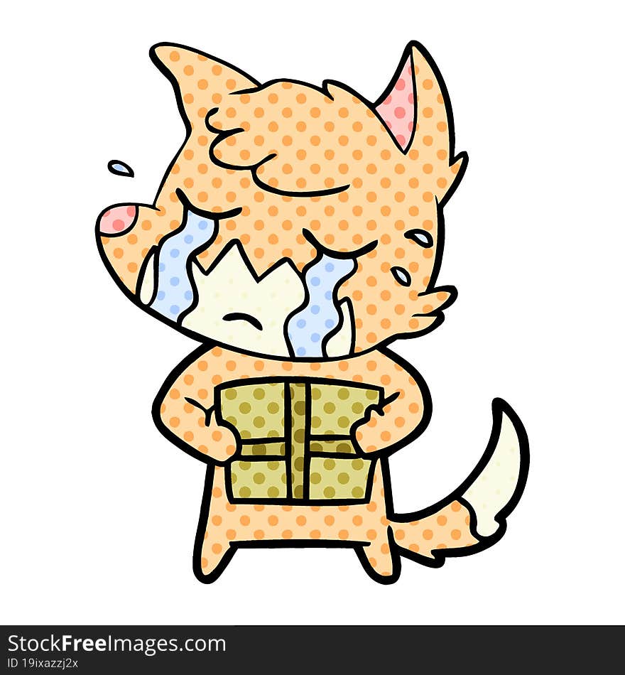 crying fox cartoon with parcel. crying fox cartoon with parcel