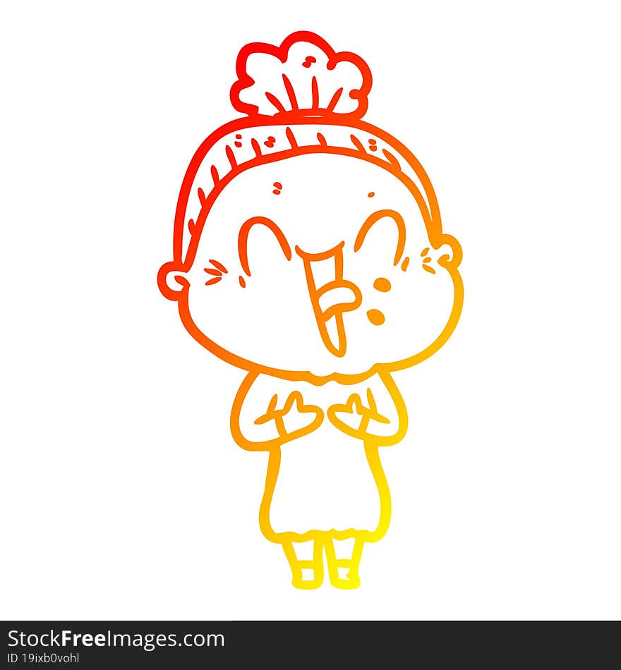 warm gradient line drawing of a cartoon happy old woman