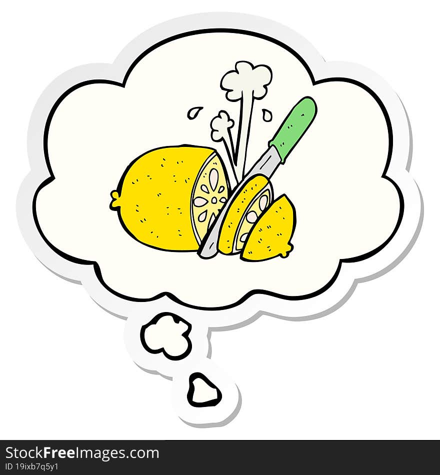 cartoon sliced lemon and thought bubble as a printed sticker