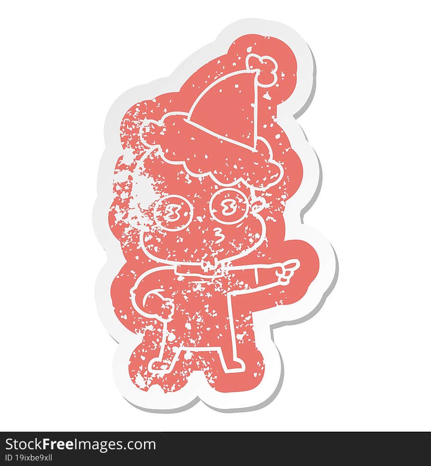 cartoon distressed sticker of a weird bald spaceman wearing santa hat